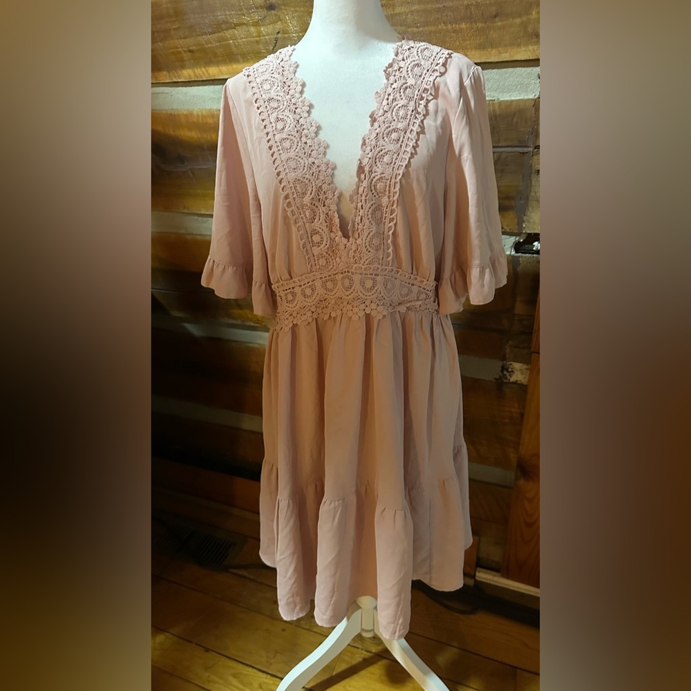 SHEIN Pink Lace Trim Flowy Dress